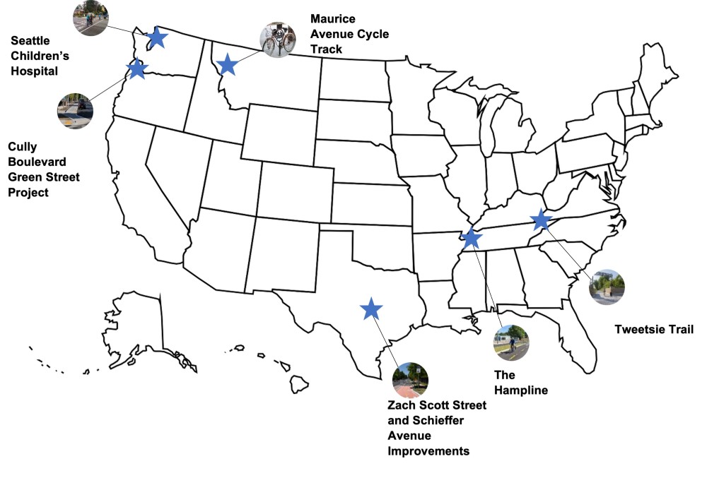 This figure shows a map of the United States showing the locations of the following case studies: Seattle, Washington (Seattle Children's Hospital), Portland, Oregon (Cully Boulevard Green Street Project'), Missoula, Montana (Maurice Avenue Cycle Track), Austin, Texas (Zach Scott Street and Schieffer Avenue Improvements), Memphis Tennessee (The Hampline) and Johnson City, Tennessee (Tweetsie Trail)