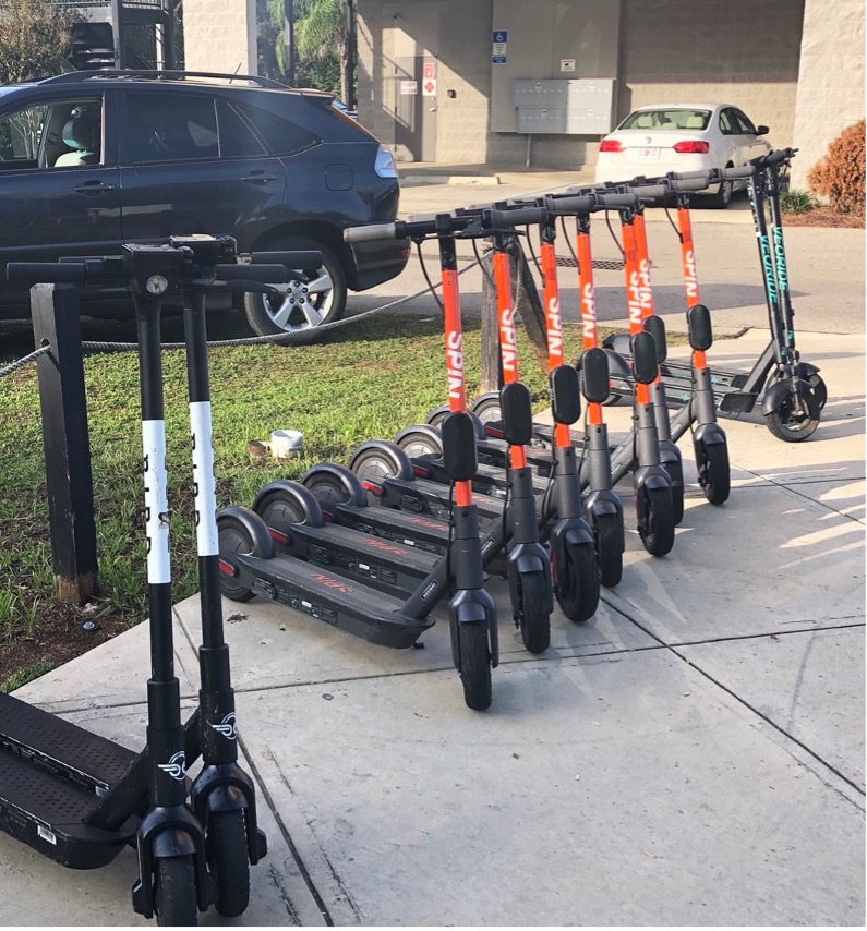 This image shows several e-scooters; two that are labeled 'BIRD,' 7 labeled 'SPIN,' and 2 labeled 'VEORIDE.' The scooters are lined up on a sidewalk near a fence. There is grass and a small parking lot in the background with two parked cars.