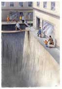 Photo of pedestrians walking on tight ledges and plywood bridges across great chasms.