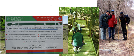 Photos of a trail sign, trail bridge building, and people on a trail.