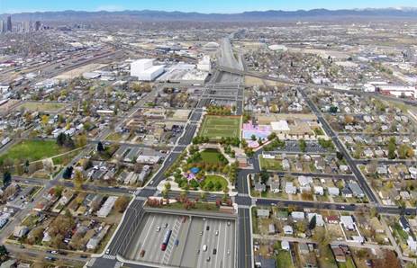 Aerial view of the planned I-70 East project, which includes an 8 lane highway, nearby arterial roads, and adjacent neighborhoods.