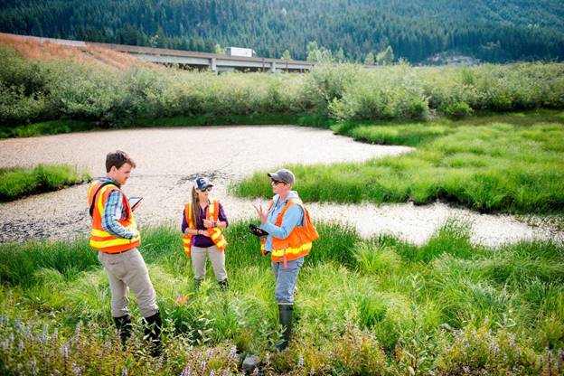 Students stand in wetlands wearing boots and orange vests and carrying monitoring devices.