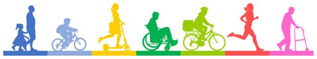 Series of figures representing pedestrians, e-scooter users, wheelchair users, and bikers.