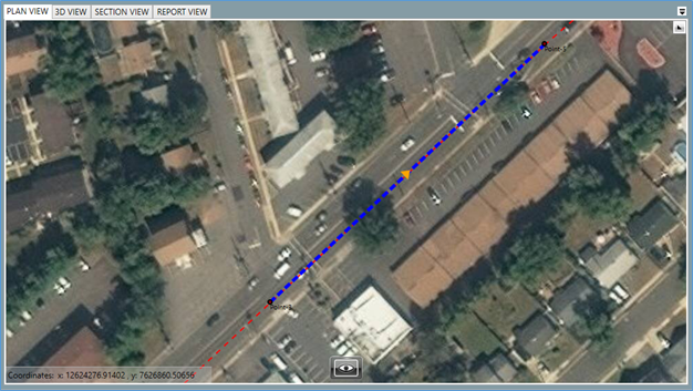 Screenshot showing the roadway object, with a selected and unselected segments, in the Aerial View.