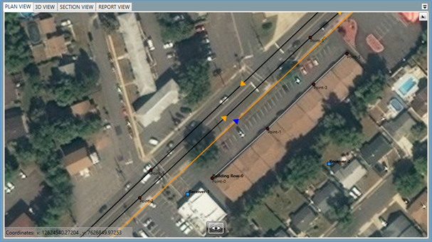 Screenshot showing the two (2) roadway objects, the Building Row object, the Barrier, and the two (2) Reciever points using the Aerial View option in the Plan View.