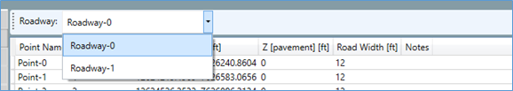 Screenshot showing selection of one (1) of the two (2) Roadways in the Roadway tab of the Objects Detail Pane.
