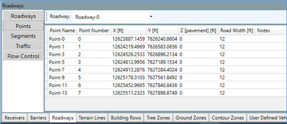 Screenshot showing the elevation and width data for each point of the Roadway in the Objects Detail Pane.