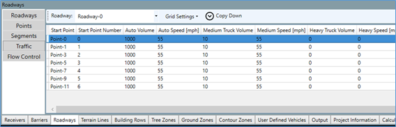 Screenshot showing the traffic data for each segment of the Roadway in the Objects Detail Pane.