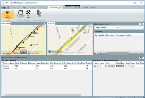A screenshot showing the Barrier Analysis tab in the TNM Toolbar and the End Analysis button; as well as the Plan View and 3D View options in the View Pane.