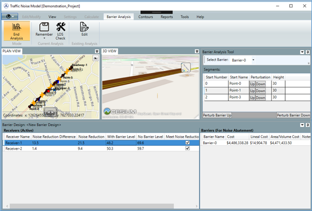 A screenshot showing the Barrier Analysis tab in the TNM Toolbar as well as the Plan View and 3D View options in the View Pane; the Barrier Analysis Tool in the Edit Pane, and Receiver noise reduction results and barrier cost in the Object Details Pane.