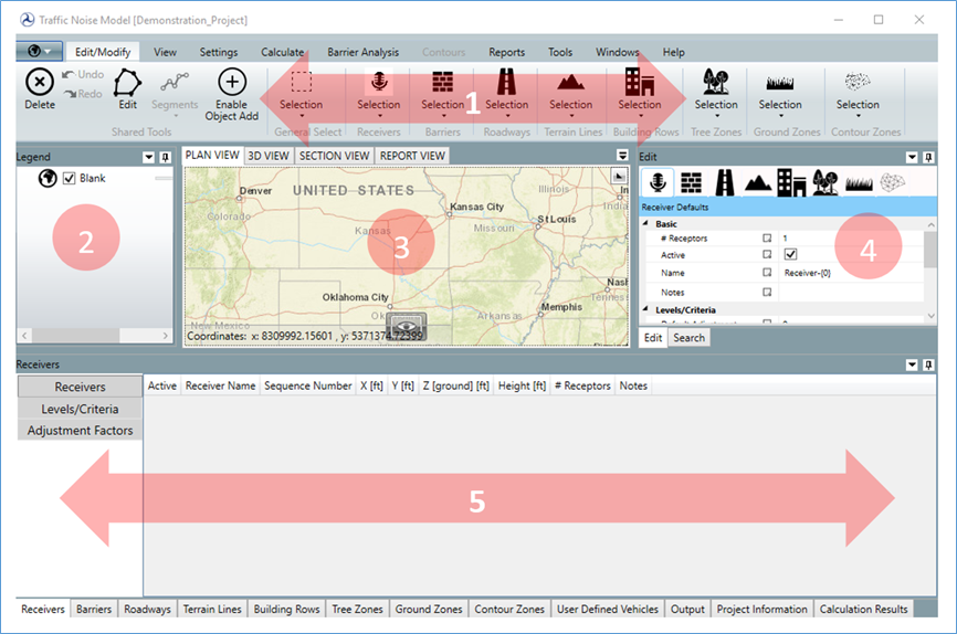 Screenshot showing the default Project View that opens when a new project is created. The locations of the five (5) main areas of this screen are labeled.