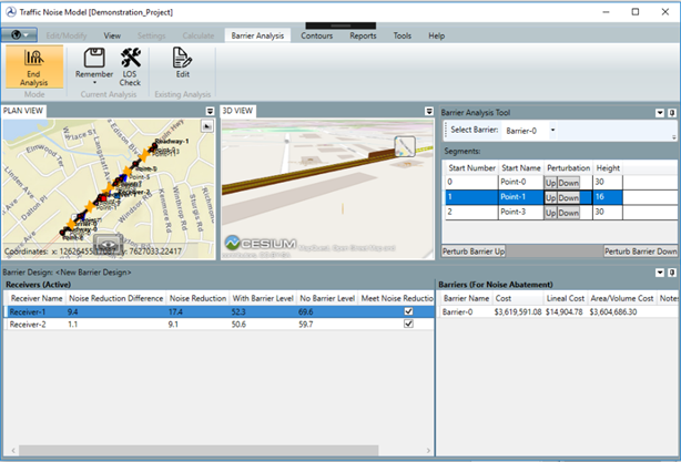 A screenshot showing the same image as the previous, but with the middle segment of the noise barrier perturbed down from 30 ft. to 16 ft. This is visible in the 3D view and in the Edit Pane, and in the updated results of the Object Details Pane.