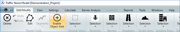 Screenshot of the TNM Toolbar showing the Edit/Modify submenu and the Enable Object Add option.