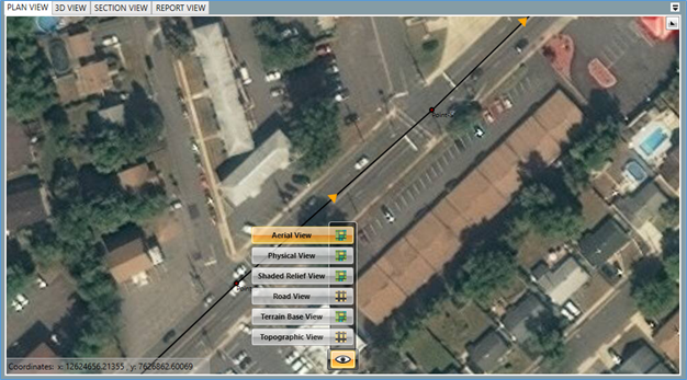 Screenshot showing the roadway object using the Aerial View option in the Plan View.
