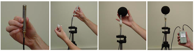 Four images showing showing the component parts and assembly of a standard microphone system for noise measurements.