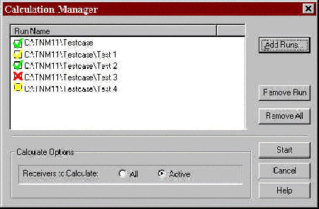 The calculation manager dialog box displays the run names of all TNM runs set to calculate.  This function allows a user to define which runs to calculate without having to open and calculate each run.