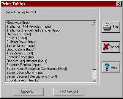 This dialog box shows all the possible tables that could be and will be printed, if this option is selected.