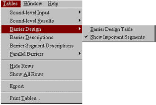 This menu pull-down under tables, barrier design shows the barrier design table option and the show important segments option, which is selected, as noted by the checkmark.