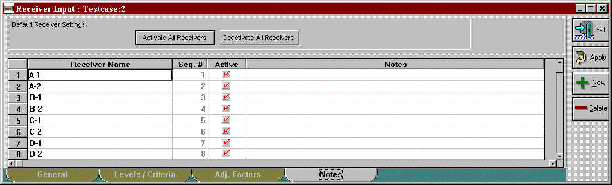 This dialog box is for receiver input under the notes tab.  The dialog box is simpler to use than previous versions because it how appears as a spreadsheet.  It allows for activating or deactivating receivers to minimize run time.