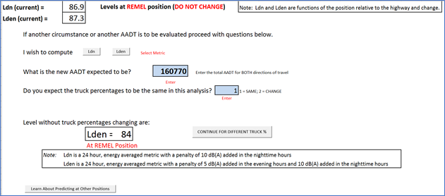 Image showing the Ldn INPUT tab where the user can review the current Ldn or Lden values; choose to compute a future Ldn or Lden value; choose to adjust the AADT for the future year; choose to alter vehicle percentages for the future year; review a future year Ldn or Lden without changing the truck percentages; or choose to obtain adjustment factors for use in TNM.