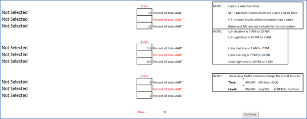 Image showing the Ldn INPUT tab where the user can review the current Ldn or Lden values; choose to compute a future Ldn or Lden value; choose to adjust the AADT for the future year; choose to alter vehicle percentages for the future year; review a future year Ldn or Lden without changing the truck percentages; or choose to obtain adjustment factors for use in TNM.