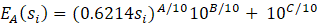 E sub A of s sub i equals the sum of (the product of (the product of 0.6214 and s sub i) raised to the power of (A divided by 10 ) and (10 to the power of (B divided by 10)) and (10 to the power of (C divided by 10)).