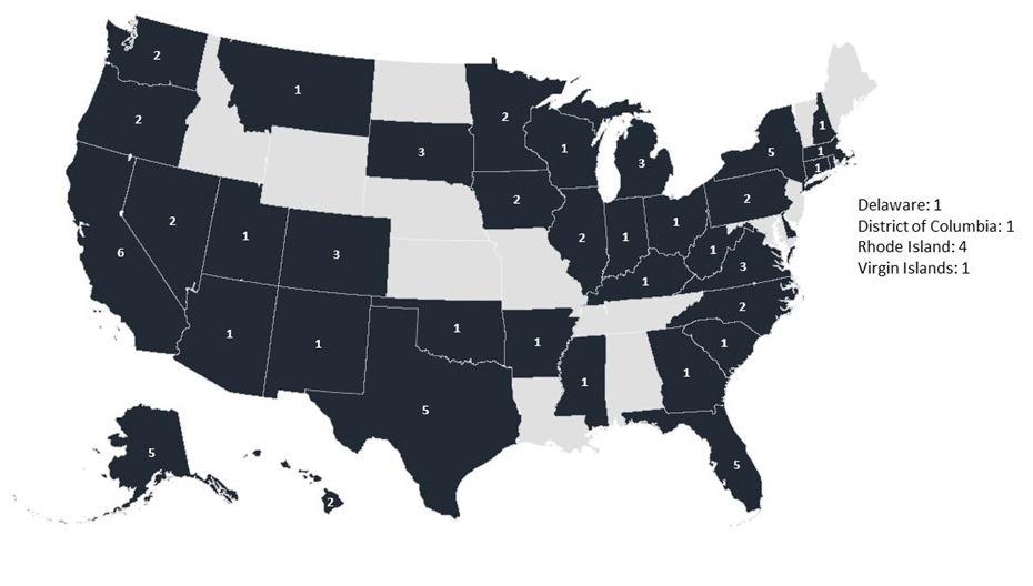 Map of the United States showing the number of grant recipients for each state. The number of recipients is show in Table 1, below.