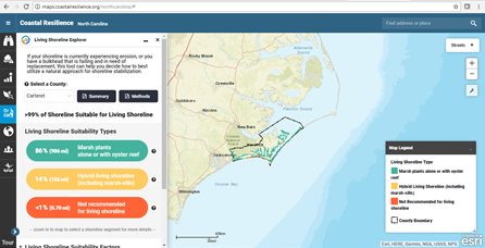 Screenshot of the Coastal Resilience Tool zoomed in on particular area with the living shoreline options and their suitability scores shown.
