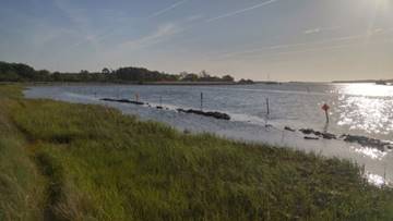 Photograph of narrow, rocky breakwater structures situated close to a vegetated shoreline.