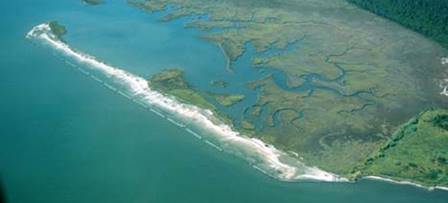Aerial photograph of a line of constructed breakwaters protecting a marsh. From high above, the breakwater looks like a dashed line adjacent to the outermost boundary of the marsh.