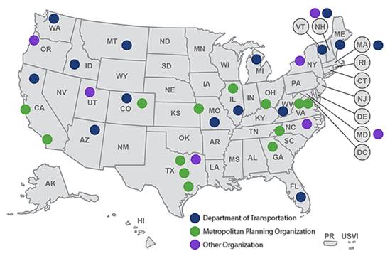 Blue dots mark where departments of transportation have implemented Eco-Logical in Arizona, California, Colorado, Florida, Idaho, Illinois, Maine, Massachusetts, Michigan, Missouri, Montana, New Hampshire, Vermont, Washington, and West Virginia. Green dots represent locations where Metropolitan Planning Organizations implemented Eco-Logical. These include: California, Colorado, Georgia, Illinois, Missouri, North Carolina, Ohio, Texas, and Virginia. Purple dots show where other organizations have implemented Eco-Logical in Maryland, New Hampshire, New York, North Carolina, Oregon, Texas, and Utah.