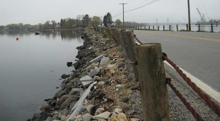 Photograph of a revetment protecting a low-lying coastal causeway in New Hampshire.