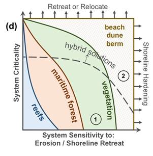 Graph d shows possible solutions for system sensitivity to erosion and/or shoreline retreat. For less sensitive systems, reefs could work, followed by maritime forests and then vegetation. At the high end of sensitivity, beaches, dunes, or berms could be used. If systems are highly critical, consider retreat or relocation. However, if systems are highly sensitive, shoreline hardening could be used. Again, hybrid solutions are suggested for mid-level criticality and high sensitivity.