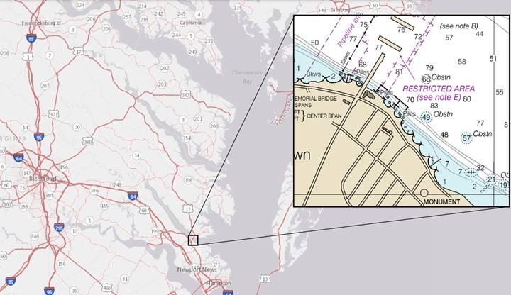 Map of Eastern Virginia with Yorktown coastline magnified in an inset panel that shows water depths adjacent to the study area.