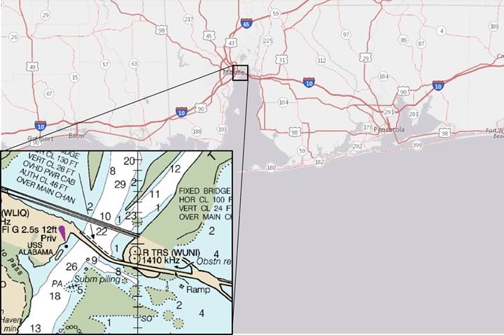 Map of the north central Gulf of Mexico coast with a magnified map showing water depths near a study site in Mobile Bay, AL.