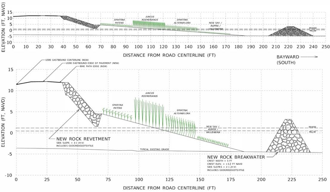 Figure showing a cross-section of a coastal causeway embankment modified to include a nature-based solution. The profile consists of a rock revetment at higher elevations, a constructed tidal marsh and SAV along lower elevations of the slope, and an offshore breakwater at the seaward end of the profile. This same graphic is shown to scale in an upper panel, and with a vertical scale exaggerated to show detail in the lower panel. - From 0 to 40 feet from the road centerline is the upland - 40-70 feet has a rock revetment - 70-95 feet is Spartina patens - 95-120 is Juncus roemerianus - 120-145 is Spartina alterniflora - 145-175 is new SAV/ Ruppia/ Vallisneria - The breakwater is located around 205-240 feet