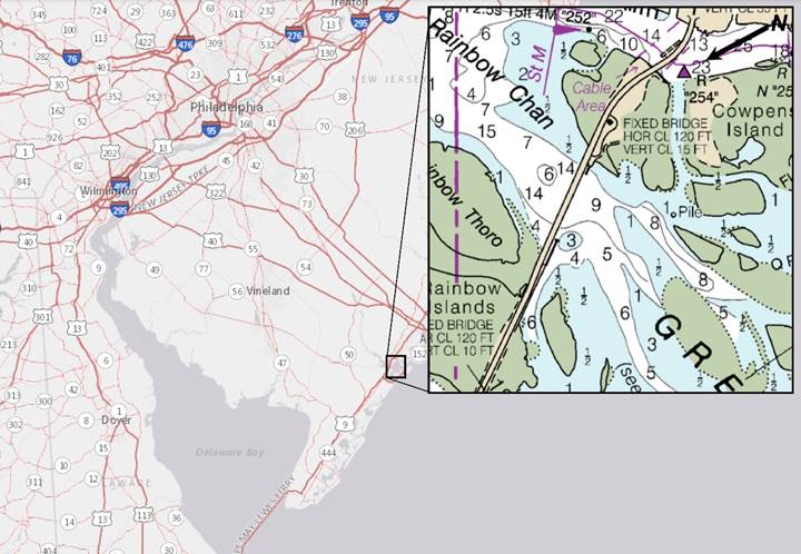 Map of the southern coast of New Jersey with Great Egg Harbor magnified in an inset panel that shows water depths near a living shoreline project site.