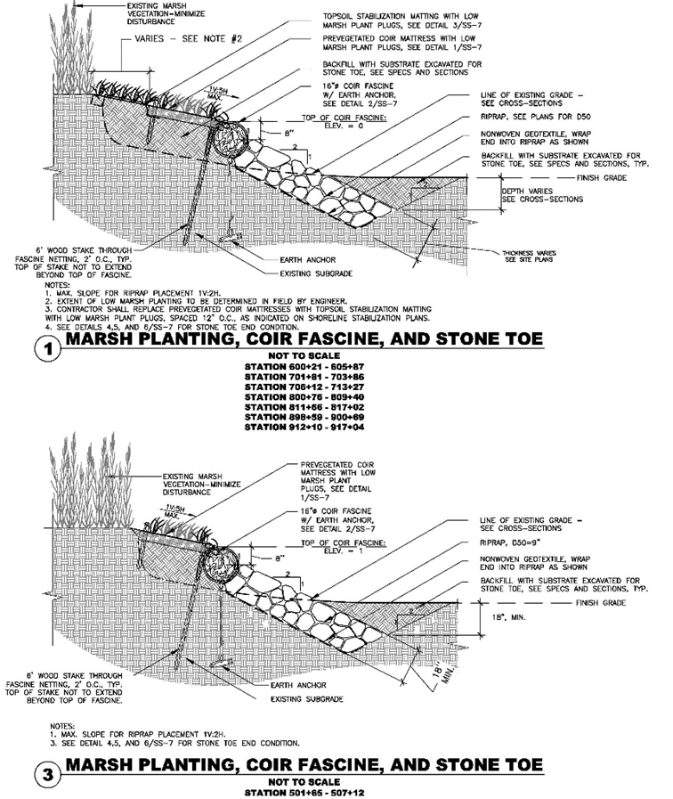 Two marsh protection designs are shown, numbered 1 and 3. Numbers 2 and 4 are in the following image. 1. Marsh planting, coir fascine, and stone toe 3. Marsh planting, coir fascine, and stone toe