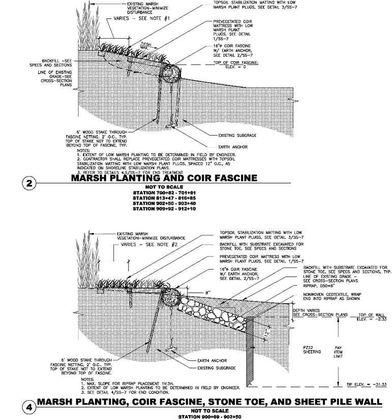 Two marsh protection designs are shown, numbered 2 and 4. Numbers 1 and 3 were shown in the previous image. 2. Marsh planting and coir fascine 4. Marsh planting, core fascine, stone toe, and sheet pile wall
