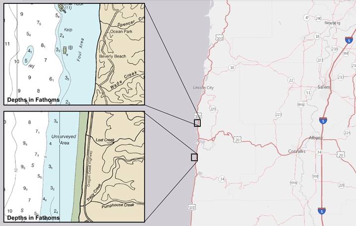 A map of the Oregon coastline with sections magnified to show water depths adjacent to two different project areas.