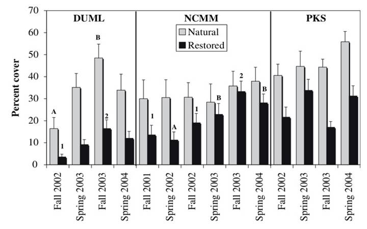 This figure shows the trends in mean percent plant coverage over time at three different monitoring sites; the difference between the natural (control) marsh and restored (impact) marsh at each site; and the standard error for each measurement. Over all monitoring periods, natural marshes had a greater percent cover than restored marshes.