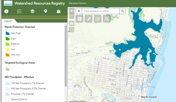 A screenshot of a website database representing spatial layers that show, by color-coded legend, the potential for marsh protection within a Maryland bay.