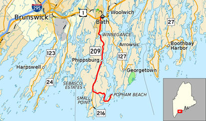 Map shows location of Popham Beach in southeastern Maine at the tip of a peninsula.