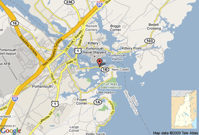 Map shows location of Route 1B causeway between Portsmouth and New Castle near Portsmouth Harbor.