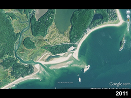 Satelitte view of Popham becah shows sand being shaped by currents.