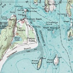 Map of Popham Beach shows that it is at the moth of the Kennebec River.