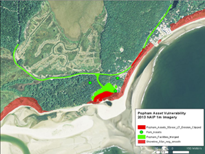 Map shows severe erosion coming close to the road.