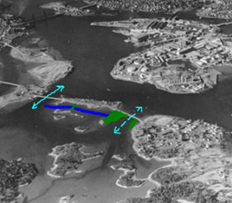 Map shows causweay location between islands.