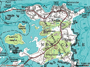 Map shows causway with red stars indicating areas of interest on either side of Goat Island.
