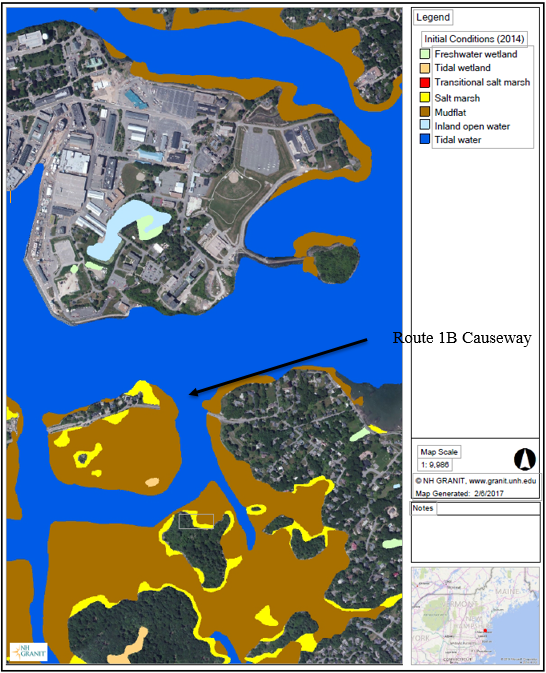 Map shows that the area around the causeway is mostly tidal water, mud flat and salt marsh.